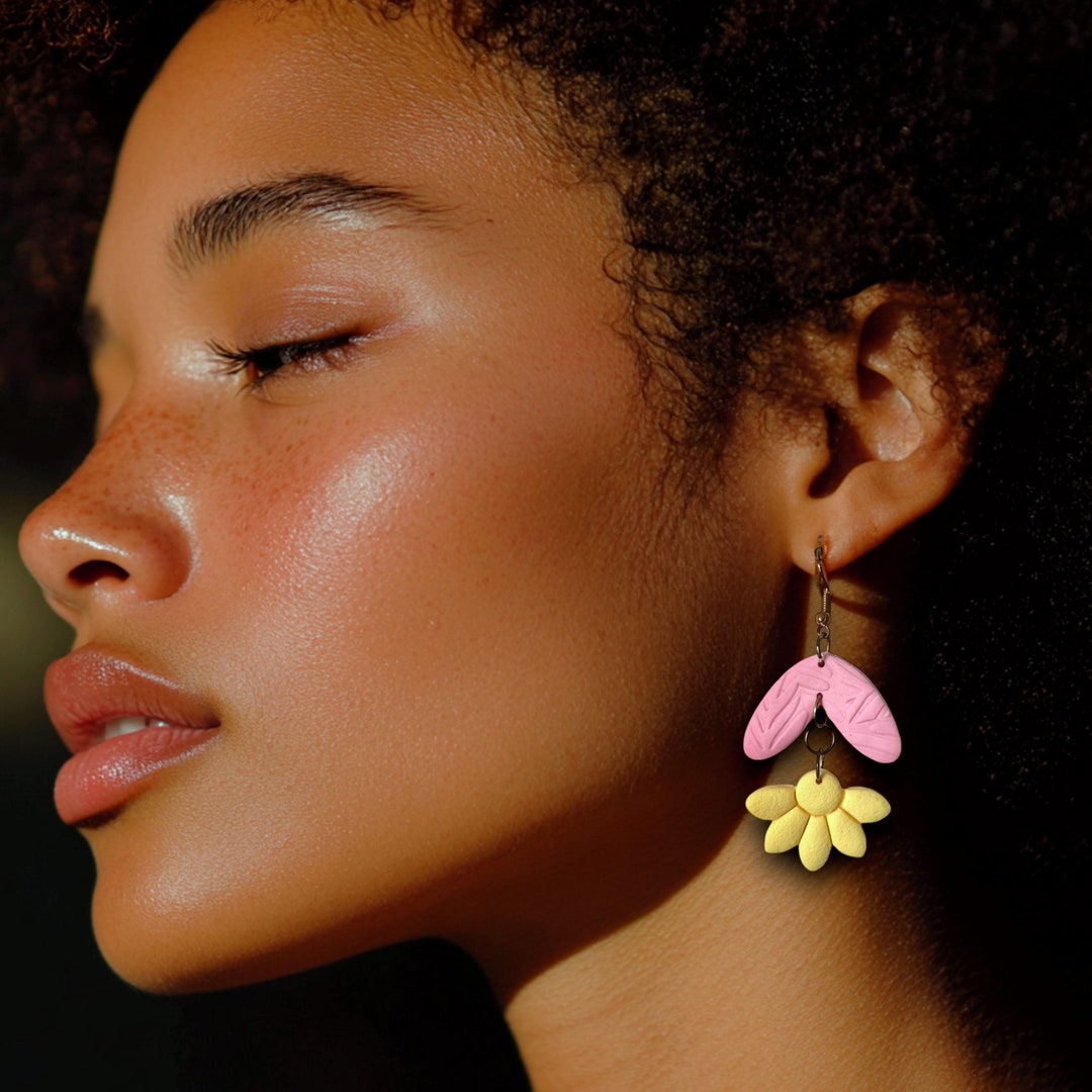 Pastel Pink Yellow Flower Drop Earrings / Spring Lightweight Cute ...