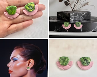 Emerald Blossom oversized sparkly green and matte textured pink geometric retro oversized ear stud in layered design