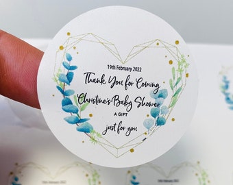 Green Love heart Baby Shower Stickers I Personalised Text | Occasions round labels