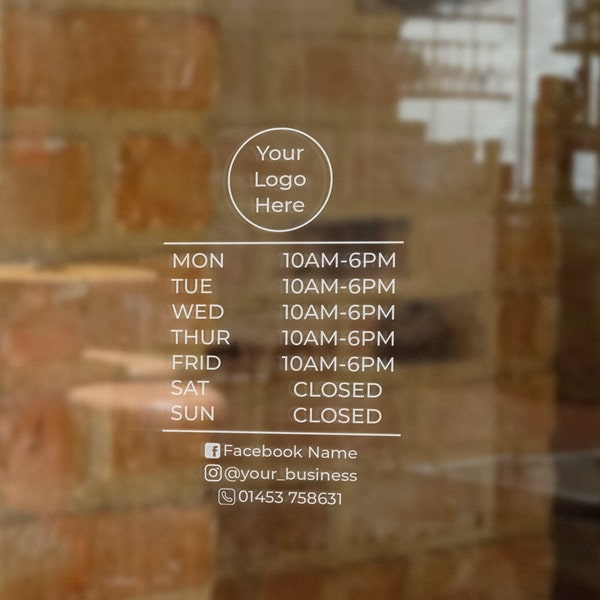 Sleek Opening Hours | Custom Opening Times | Door Window Sticker Window | Insta Facebook Phone Email Website