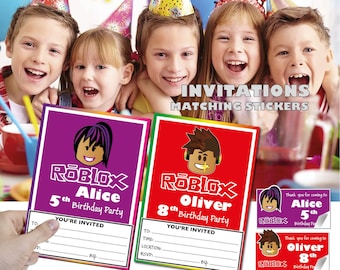 Roblox Birthday Pack| Invitations + Stickers |  Gamer Birthday Party|  | Kids Card Invites A6 and Goody bag stickers