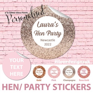 Minimale Hen Night Glitter-stickers | Verjaardagsfeestje | Schoonheidssalonlabels | Roségoud, champagne, goud, roze