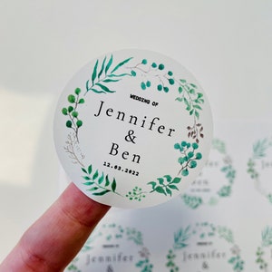 Célébration de mariage Feuillage vert | Stickers sur le thème de la nature I Étiquettes personnalisées avec nom et date de mariage I Couronne de cercles