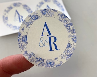 Light Blue Toile De Jouy Initial Wedding Stickers + Tags | White & Blue floral theme I Personalised Round Circle labels Cardboard tags