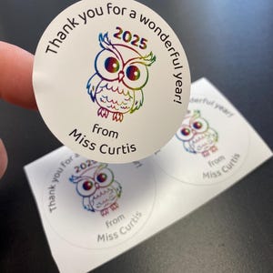 Merci Stickers hibou personnalisés I Fin de l'année scolaire I Cadeau pour les enseignants | Étiquettes pour cadeaux