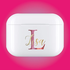 Nom et initiale de l'autocollant métallique Coque pour écouteurs, rose, miroir (autocollant uniquement)