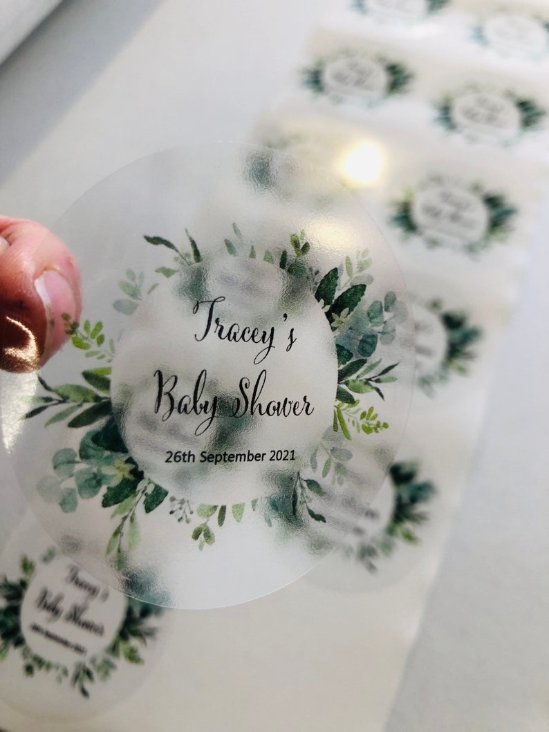Botanical Baby Shower Stickers, Personalised Thank You Stickers, Party & Occasion Stickers For Favours, Gloss Matt Clear Labels 