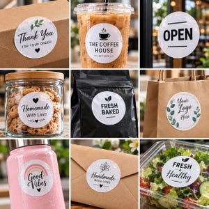 May include: A collection of round adhesive labels featuring various designs and text including Thank You, The Coffee House, Open, Homemade With Love, Fresh Baked, Your Logo Here, Good Vibes, Handmade With Love, and Fresh & Healthy.