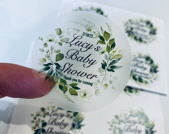 White flowers Botanical Leaves stickers | Baby shower I Customisable text date name I  Thank You favours
