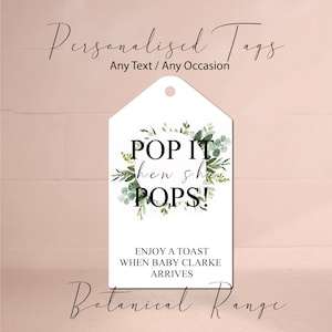 10x ボタニカル「POP IT」ベビーシャワー到着タグ I パーソナライズされたテキスト I パーティーや行事のタグとステッカー 記念品用