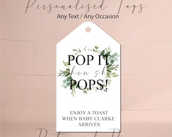 10x Botanical &quot;POP IT&quot; Baby Shower Arrival Tags I Personalised Text I Party & Occasion Tags and Stickers For Favours