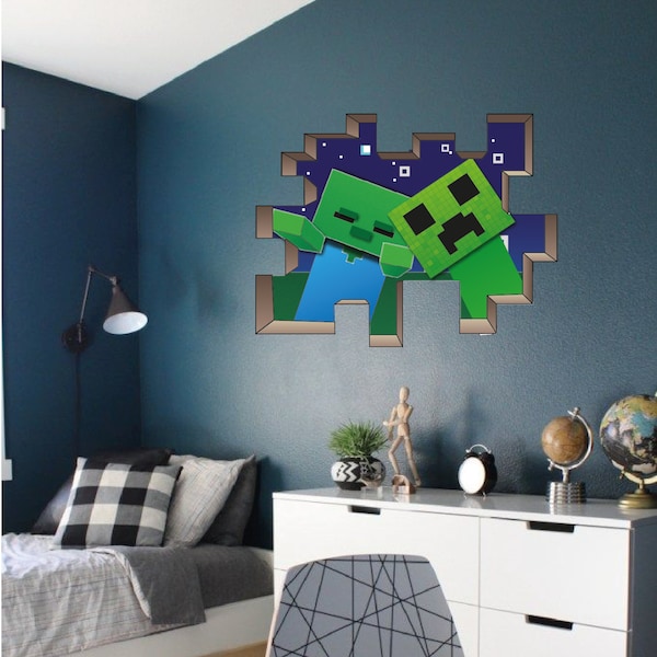 Wall Sticker Minecraft inspired Zombie Creeper Theme 3D Hole in The Wall Effect Decal Mural