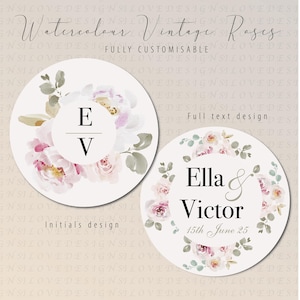 Aquarell Vintage Rosen Aufkleber | Hochzeit und Party I Initialen Anagram Einfaches Design I Personalisierter Text Datum Namen I Hen-do Engagement