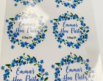 Green & Blue Forget-me-not Floral Wreath Stickers I Hen party Birthday Engagement Wedding | Personalised