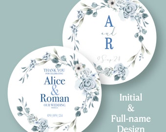 Dusty Blue Floral Stickers | Wedding and Party I Initials Anagram Simple Design I Personalised Text Date Names I Engagement Hen-do