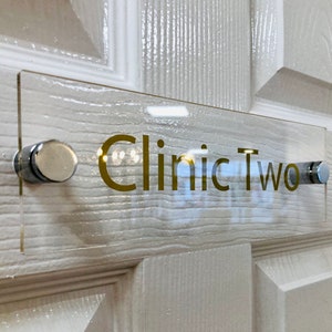 Reception Office Salon Door Plaque | Directional sign |House and Office | Bespoke print 5mm Clear Acrylic with Silver or Chrome Stand-offs