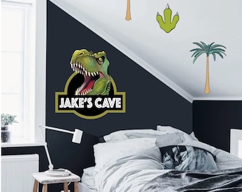 Jurassic Cave & Dinosaur paw prints Bedroom decor I Personalised Name Teen Kids Wall Sticker I Girls Boys Feature Wall Art