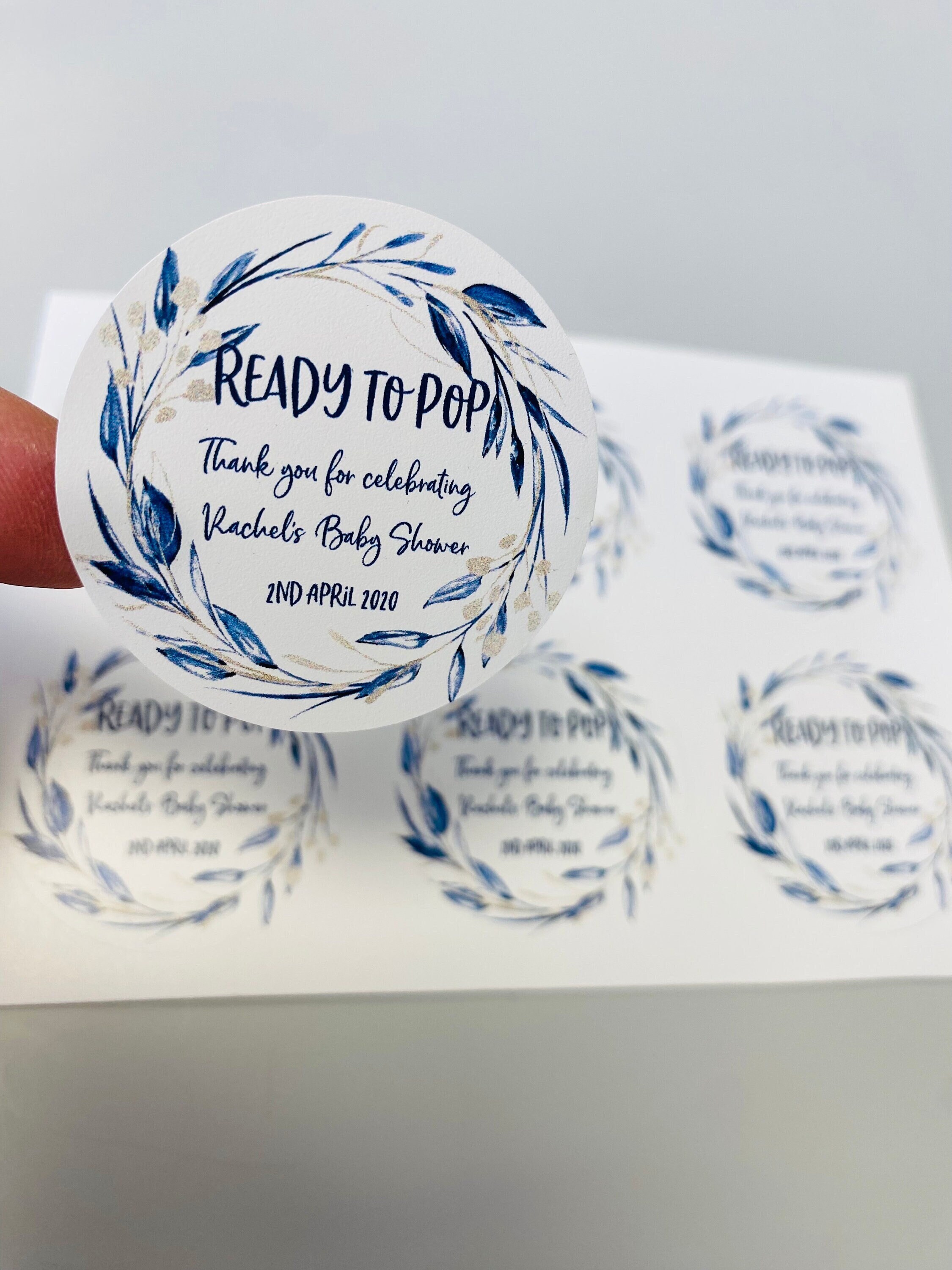 Ready to POP Indigo & Gold Watercolour Flowers wreath Stickers I Baby Shower I Custom Text I Thank you I Party Favours