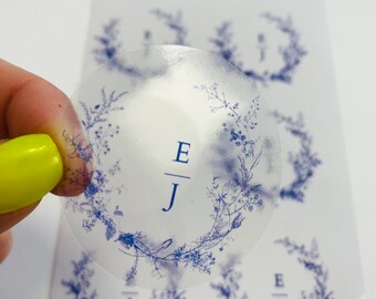 Royal Regal Floral and Herbs theme Initials | Blue toile de jouy Personalised Wedding Stickers Round Circle labels
