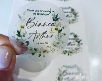 Blanche Botanical Floral Stickers I Matrimonio e festa I Etichette di testo personalizzate per bomboniere