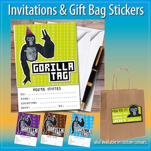 GORILLA TAG VERJAARDAGsuitnodigingen | Verjaardagsuitnodiging voor kinderen + stickers goodybag | Gorilla Tag| Verjaardagsfeestje gamer|  | Kaartuitnodigingen A6 en A5