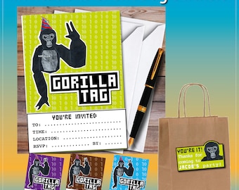 GORILLA TAG BIRTHDAY Invitations | Kids Birthday Invite + Goody bag stickers | Gorilla Tag| Gamer Birthday Party|  | Card Invites A6 & A5