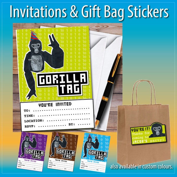 GORILLA TAG BIRTHDAY Invitations | Kids Birthday Invite + Goody bag stickers | Gorilla Tag| Gamer Birthday Party|  | Card Invites A6 & A5