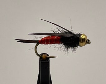 May include: A black and red fly fishing lure with a gold bead head.