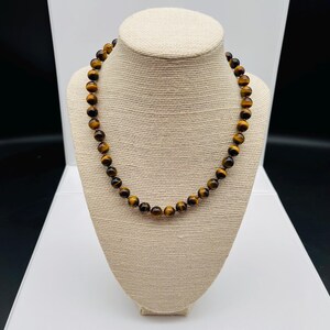 Tigers Eye Gemstone Necklace Hand Knotted With Sterling Silver Clasp, Beads 8 mm