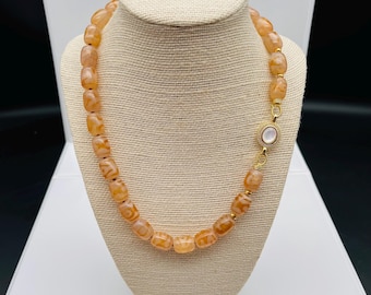 Hand Knotted Tibetan Agate Necklace: Gold Plated Clasp, Cubic Zirconia