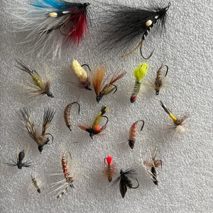 May include: Assortment of 17 colorful fly fishing lures with various feathers, fur, and beads. The lures are arranged on a white textured surface.