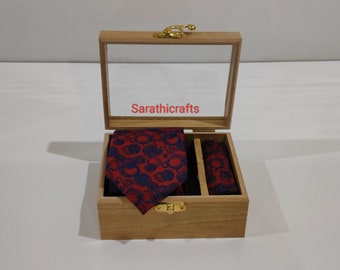 Wooden Tie Box - Necktie and Pocket Square display and Storage, Wooden Box with Lid and Dividers, Custom Fathers Day/ Christmas Gift for Men