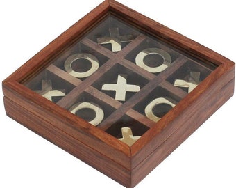 Tic Tac Toe - Wooden Family Board Game Metal Naughts & Crosses Storage Box with Glass Lid - Unique Table/Desk/Floor (Made In India)