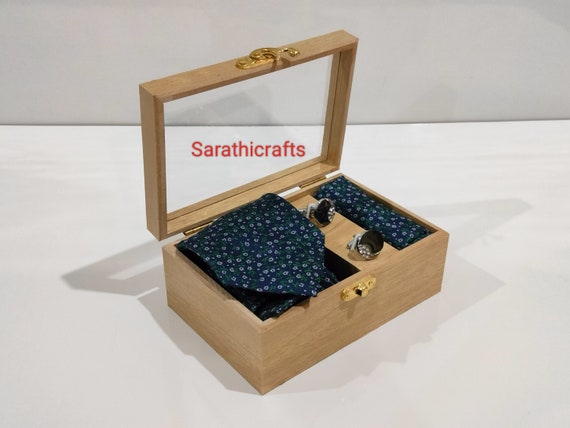 Wooden Tie Box Necktie and Pocket Square and Cufflink Storage, Wood Box  With Lid and Dividers, Custom Fathers Day/ Christmas Gift for Men 