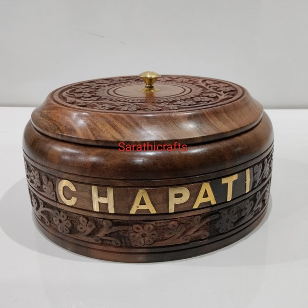 Boîte à chapati en bois de rose fait main en acier inoxydable pour CHAPATI & BREAD avec motif gravé (9 x 9 x 4,5 pouces) « Made in INDIA »