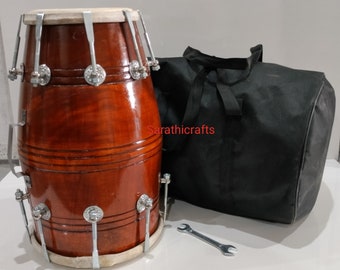 Wooden Dholak Drum Bolt Tuned Hand Made Mango/Seesham Wood Special Skin Best Musical Instrument Made in India