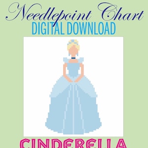 Op de afbeelding: Digitale download van een kruissteekpatroon met een gepixeleerde illustratie van Assepoester in een lichtblauwe jurk. De tekst luidt "Needlepoint Chart DIGITAL DOWNLOAD CINDERELLA". De maten zijn 7,9 cm x 13,5 cm en 5,6 cm x 9,7 cm.