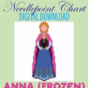 May include: Digital download needlepoint chart featuring a pixelated image of Anna from Frozen. The design includes a blue dress, pink cape, and the text "ANNA (FROZEN)". The chart is available in 13 mesh (2" x 5.2") and 18 mesh (1.5" x 3.7") sizes.