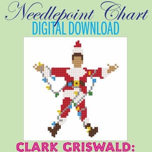 Könnte beinhalten: Digitales Kreuzstichmuster mit einer pixeligen Darstellung von Clark Griswold aus dem Film "Schöne Bescherung" in einem Weihnachtsmann-Outfit, geschmückt mit Lichterketten. Der Chart ist ein digitaler Download mit den Maßen 8,9 cm x 10,2 cm und 6,4 cm x 7,4 cm.