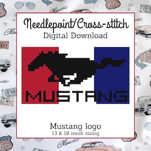 May include: A digital needlepoint and cross-stitch pattern featuring a black pixelated horse silhouette over a red and blue background with the text MUSTANG. The design includes labels for Needlepoint/Cross-stitch, Digital Download, and 13 & 18 mesh sizing.