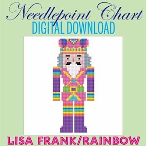 May include: Digital download of a needlepoint chart featuring a colorful, pixelated nutcracker design. The design includes rainbow, pink, and purple hues. The text reads "Needlepoint Chart DIGITAL DOWNLOAD" and "LISA FRANK/RAINBOW NUTCRACKER".