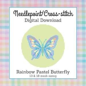 Puede incluir: Un patrón digital de punto de cruz y needlepoint con una mariposa pixelada de alas arcoíris en tonos pastel sobre un fondo circular verde claro. El texto dice: Needlepoint/Cross-stitch Digital Download Rainbow Pastel Butterfly 13 & 18 mesh sizing.