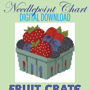 May include: Digital download needlepoint chart showing a pixelated fruit crate filled with strawberries and blueberries. The crate is light green with red and blue accents. The text "Fruit Crate" is displayed below the image, with the chart dimensions listed as 10.16cm x 9.4cm.