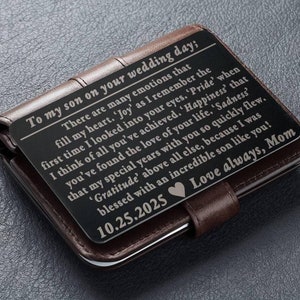Cadeau de mariage de fils de maman | Note de portefeuille gravée significative pour le mariage de son fils | Cadeau du marié des parents