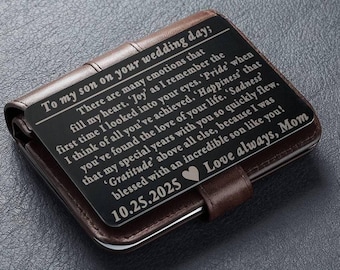 Son wedding gift from mom | Meaningful engraved wallet note for son getting married | Groom present from parents