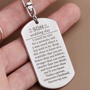Engraved son wedding keychain gift | Personalized keyring present for groom son on wedding day | Sentimental grandson wedding gifts