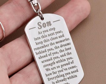 Personalized gift from parents to our son, Teen son birthday gift keychain, College son dorm move-in gift, Son first day of school bag tag