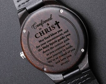 Cadeau montre confirmation garçon | Montre pour homme en bois gravée, cadeau pour son fils le jour de sa confirmation | Un petit-fils confirmé dans Christ watch