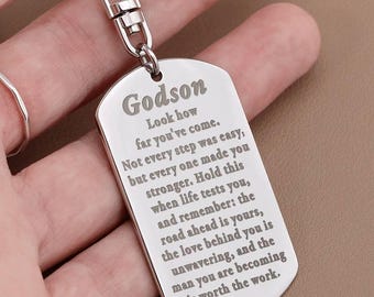 Engraved godson keychain gift | Teen godson back to school gifts | Meaningful college godson move in gifts | Tween godson birthday present