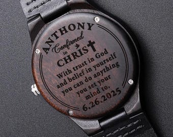 Wood watch confirmation gift for boys with personalized engraved date, Confirmed in Christ gifts